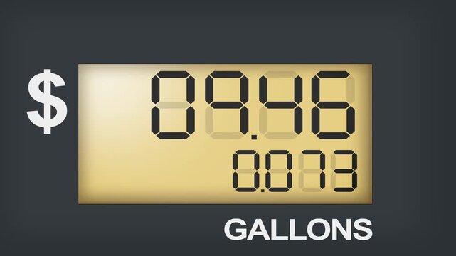 Digital illustration of a fuel pump display showing gasoline cost and gallons counter. The screen features a realistic numeric interface commonly seen at gas stations, representing fuel consumption
