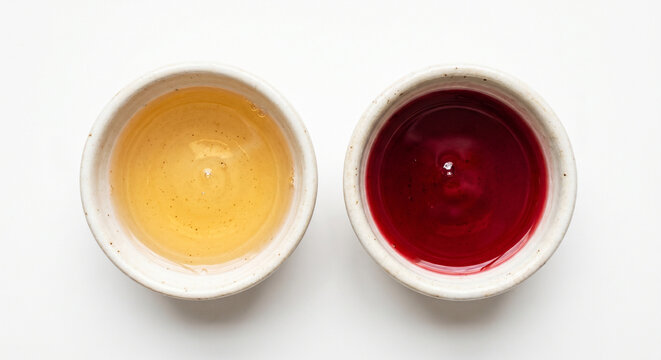 Small ceramic bowls of amber and red miso paste on white