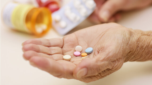 Close-up of an elderly hand holding multiple prescription pills with medicine bottle in the background. Concept of healthcare, aging, and treatment.