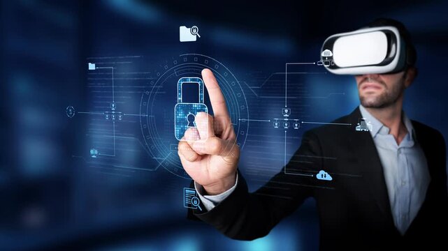 A businessman experiencing virtual reality while interacting with a futuristic interface highlighting security concepts, emphasizing digital innovation and data protection. Raster