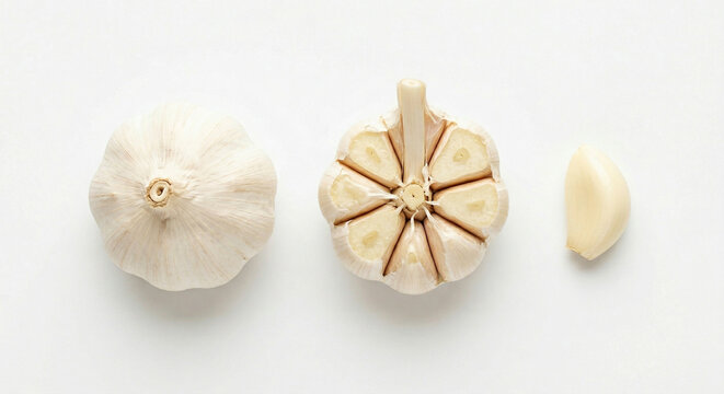 Fresh raw garlic bulb with halved and peeled cloves