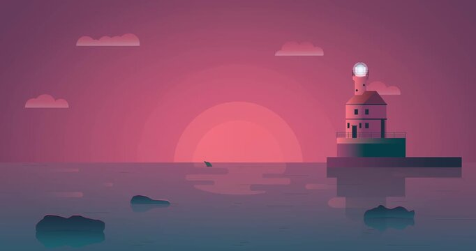 Lighthouse stands alone on calm sea during sunset. Sky glows pink, clouds float softly above. Warm light shines from tower, reflecting on water. No people or animals visible. Mood is peaceful, serene