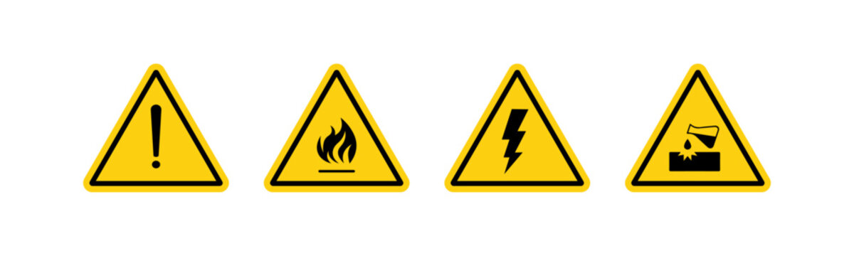 Set of ISO 7010 Safety Warning Signs General Hazard, Flammable, High Voltage, and Corrosive Substance Icons, Vector Illustration