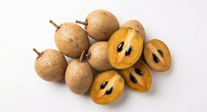 Fresh whole and halved sapodilla fruit on white background