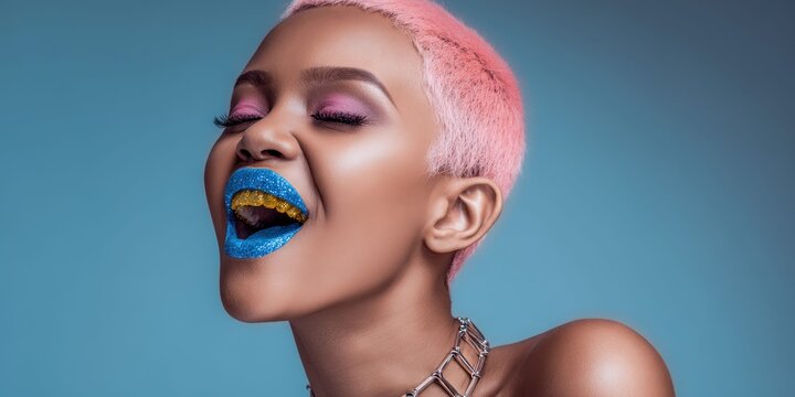 Glamorous young woman with pink hair and blue glitter lips showing gold teeth