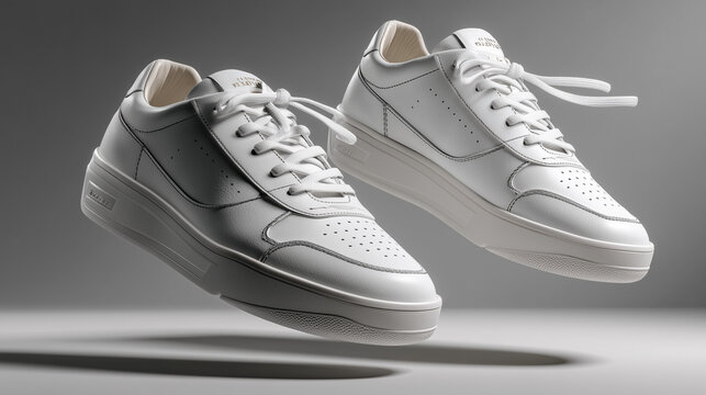 Pair of white leather sneakers with untied shoelaces floating in air, isolated on transparent background for footwear mockup and fashion design.