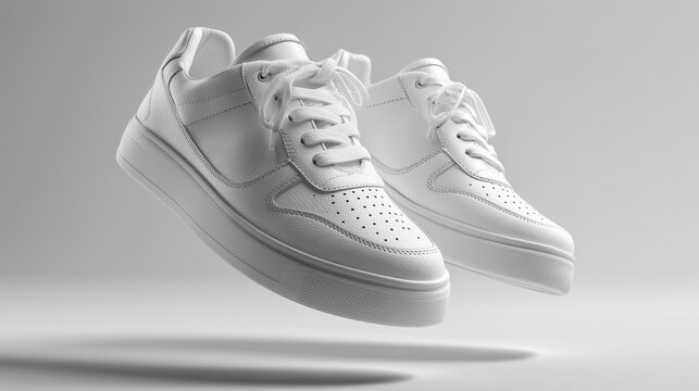 Pair of white leather sneakers with untied shoelaces floating in air, isolated on transparent background for footwear mockup and fashion design.