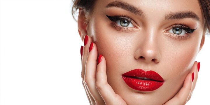 Glamorous woman with striking red lipstick and perfectly manicured nails