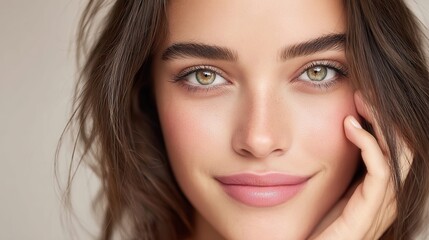 Obraz premium Close-up portrait of a beautiful young woman with striking green eyes and soft pink lips