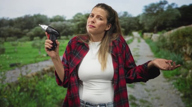 Woman holding cordless screwdriver and shrugging on a forest path in plaid shirt; uncertainty diy dilemma.