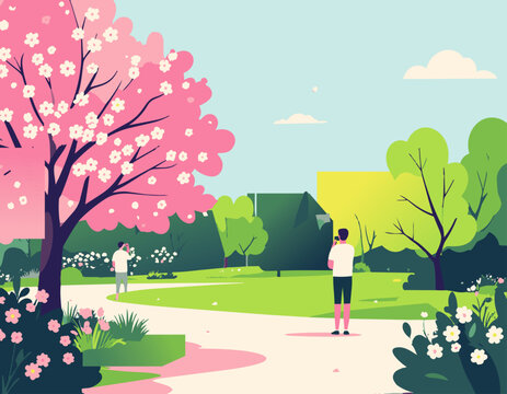  Persona caminando en parque con &aacute;rboles en flor en estilo plano, ilustraci&oacute;n vectorial.

