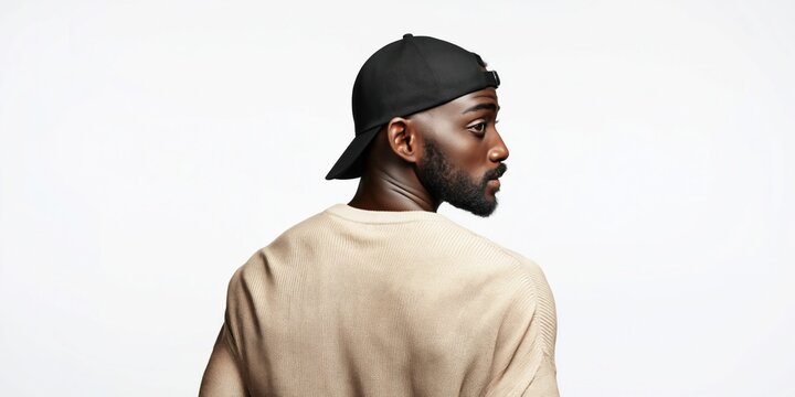 Young Black man with beard wearing a backwards baseball cap and sweater