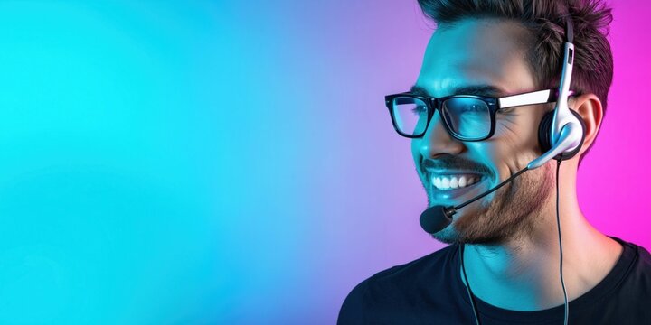 Smiling man with glasses and headset on a vibrant neon gradient background