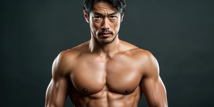 Muscular Japanese man with defined pecs and intense gaze