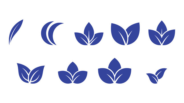A collection of blue leaf icons in different shapes and sizes on a white background, suitable for use in graphic design, branding, and digital marketing materials.