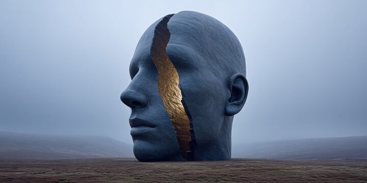 Monumental stone head sculpture with a golden crack symbolizing inner beauty and resilience