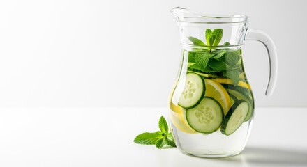 Fototapeta premium Refreshing cucumber lemon mint infused water in glass pitcher