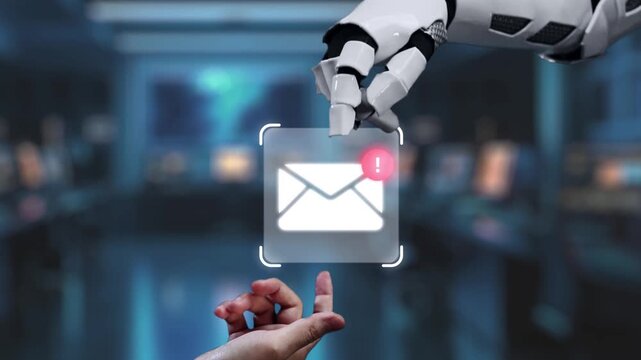 A human hand reaches towards a robotic hand engaging with a digital mail interface, symbolizing the synergistic relationship between technology and communication in a modern setting. Auvana