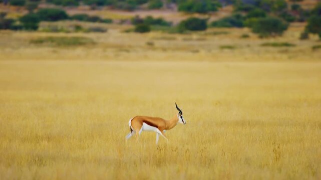 Springbok antelope grazing and standing in long grasses of Savanah