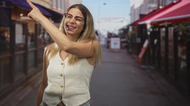Woman with glasses smiles and points finger upward with bare forearm visible, wearing cream vest and jeans on a street lined with red cafe awnings and sidewalk seating; joy discovery.