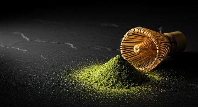 Traditional Japanese matcha whisk and green tea powder on black slate surface