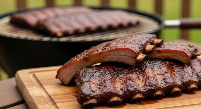 BBQ Ribs with Rich Glaze on Wooden Cutting Board
