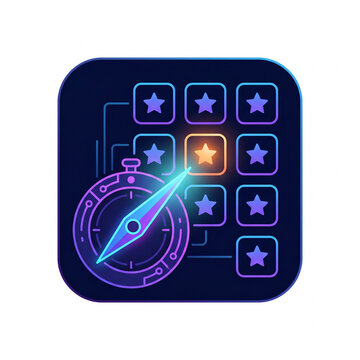 AI recommendation engine concept, glowing compass needle pointing to highlighted star in a grid, neon dark mode vector icon