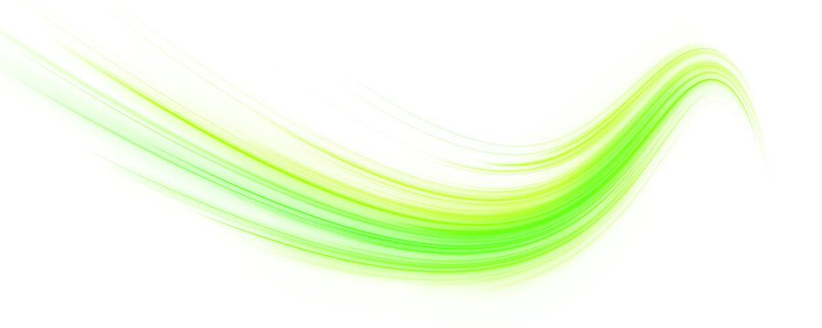 Neon green light swirls in aerodynamic motion flow. Thin lines bend and twist with particle sparks around them. Cyber abstract PNG.