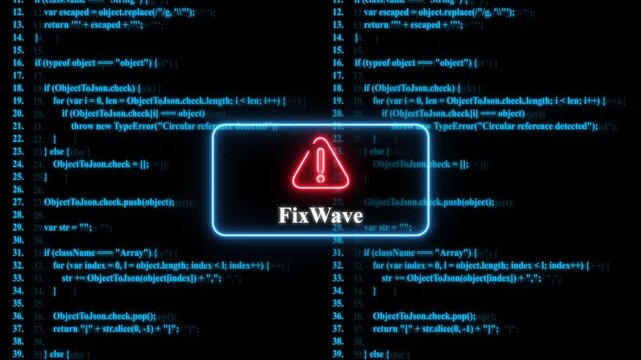 Neon warning sign over scrolling software code background, cyber security and, programming error concept