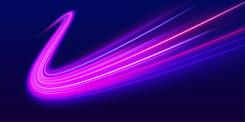 Pink and cyan light waves race across night expressway. Motion blur enhances digital speed illusion and depth flow. Abstract road . © goldstock