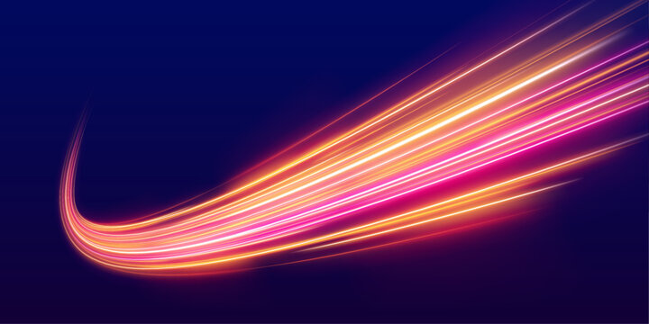 Neon orange waves flow along fast expressway. Energy trails create dynamic motion flow. Night speed.