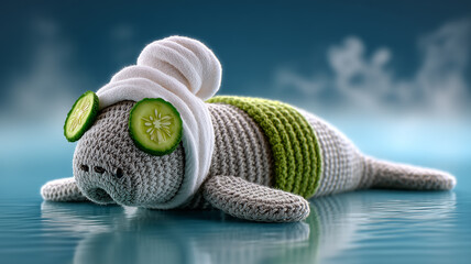 Crocheted manatee relaxing in a spa