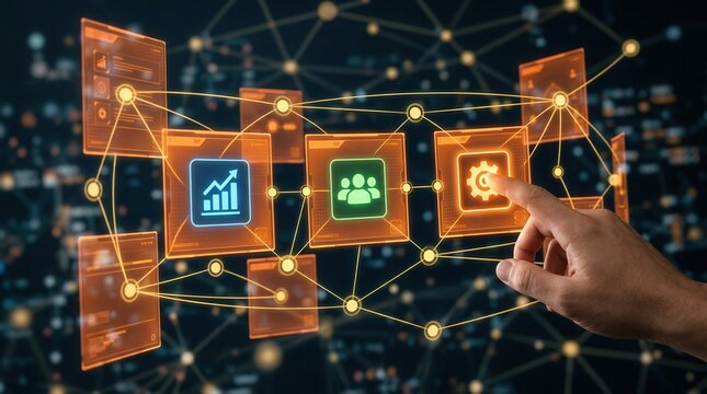 A hand interacting with three colored icons representingBusiness spans orange floating square panels and gold circular node points in layout lines with depth blur