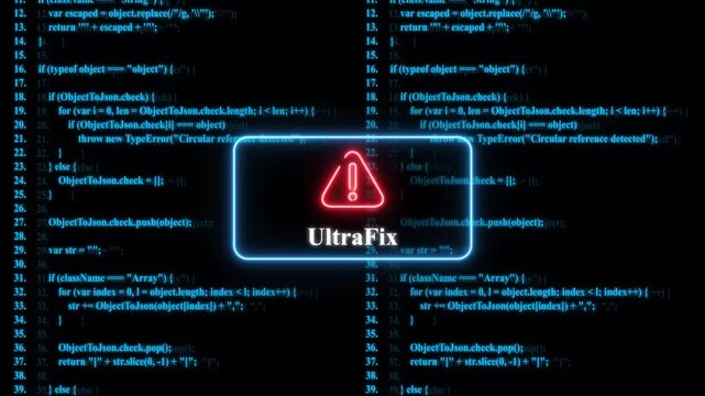 Neon ultra fix warning sign over scrolling software source code background, for cybersecurity and, programming concepts