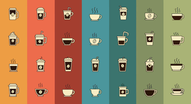 Collection of hot coffee drinks in various cups and mugs.