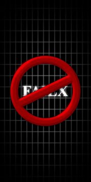 3 d red prohibited symbol over fake text concept, digital grid background, warning sign for misinformation and deception