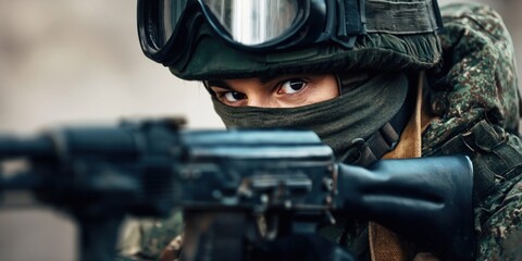 Obraz premium Soldier in camouflage gear aims a rifle, intense gaze through protective goggles