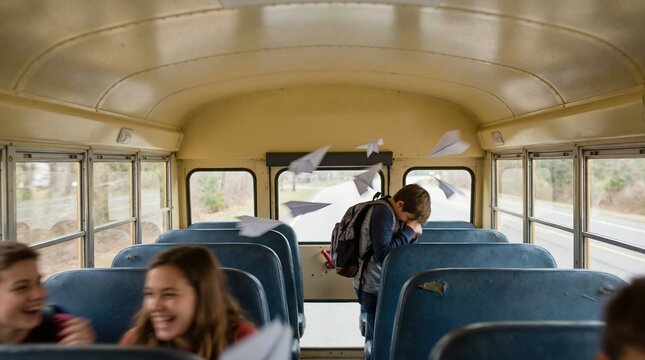 Boy crying on school bus while paper airplanes fly around him. Concept of school bullying and social harassment. Distressed student sitting alone among laughing peers