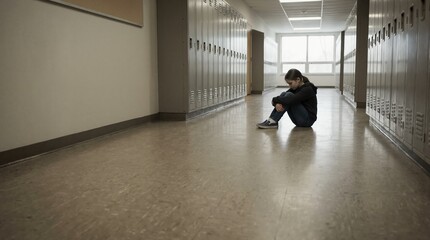 Fototapeta premium Lonely girl sitting on floor in empty school hallway. Sad female student hugging knees against lockers. Depression and bullying concept