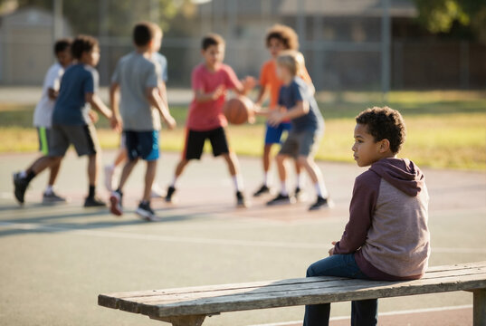 Lonely boy sitting on bench while others play basketball. Child feeling excluded at outdoor court. Social isolation and childhood concept