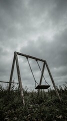 Fototapeta premium Rusty empty swing set in overgrown field of tall grass. Vertical photo of abandoned playground equipment under cloudy sky