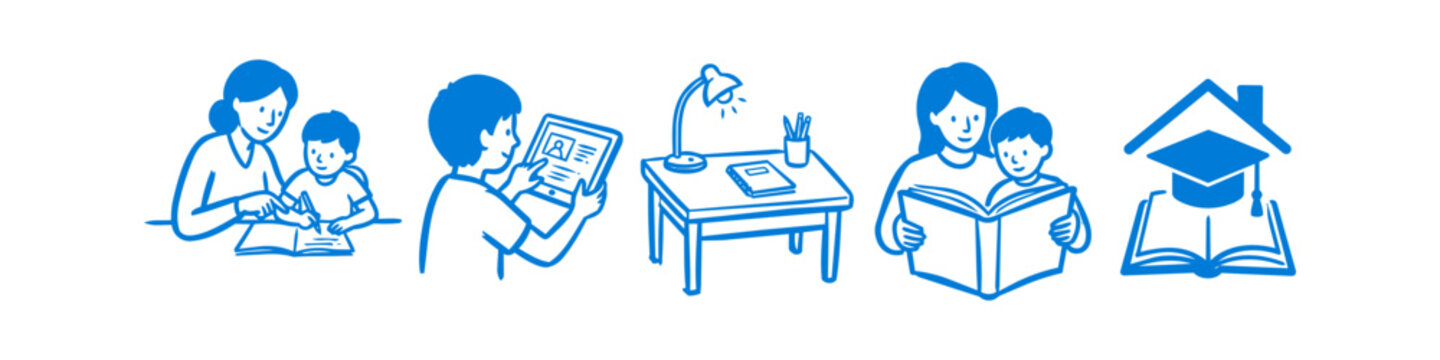 Blue line art illustrations depicting homeschooling themes: parent teaching child, student using digital tablet, study desk, reading books, and education at home icons on white background.