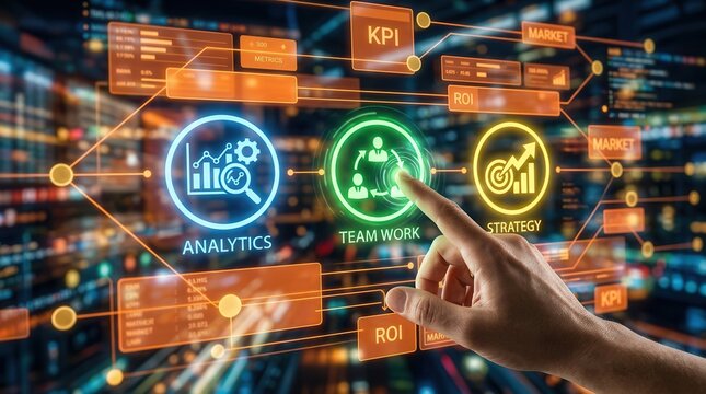 A hand interacting with three colored icons representingBusiness spans orange floating square panels and gold circular node points in layout lines with depth blur