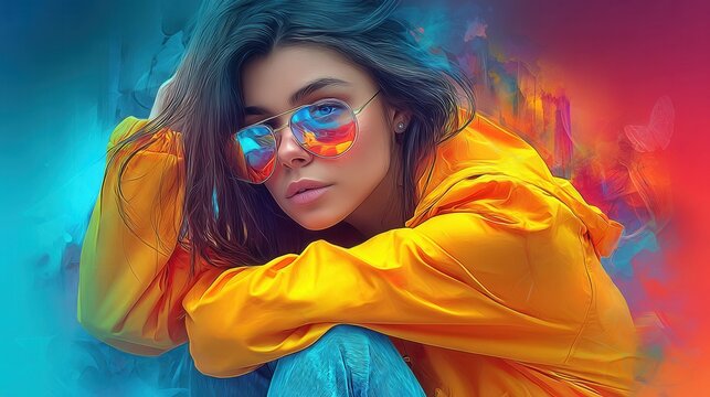 Young woman with colorful mirrored sunglasses and bright yellow jacket posing outdoors