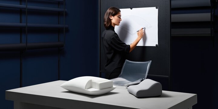 Fashionable female product designer sketching ergonomic pillow prototypes in a modern studio