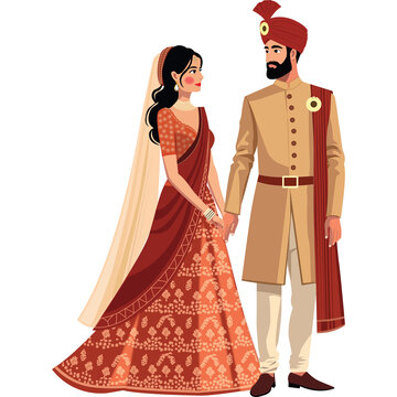 Traditional Indian Wedding Couple Vector Illustration of Bride in Red Lehenga and Groom in Sherwani