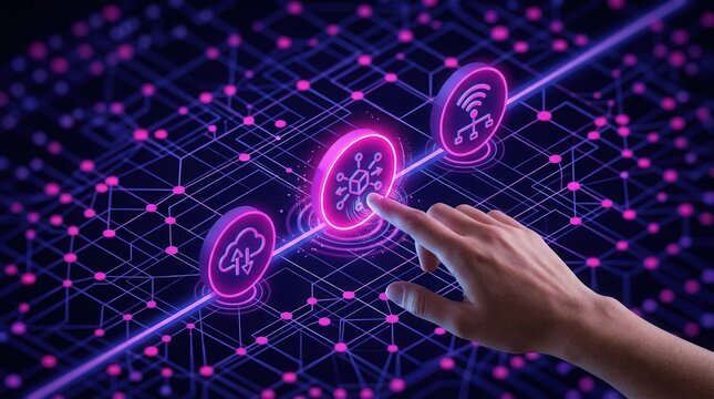 A hand interacting with three colored icons representingNetwork uses isometric layout of indigo glowing lines and magenta circular nodes featuring depth field blur effects