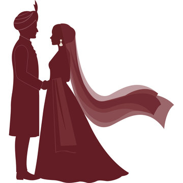 Indian Wedding Couple Silhouette Vector Illustration in Maroon Traditional Attire with Groom in Sherwani and Bride in Lehenga