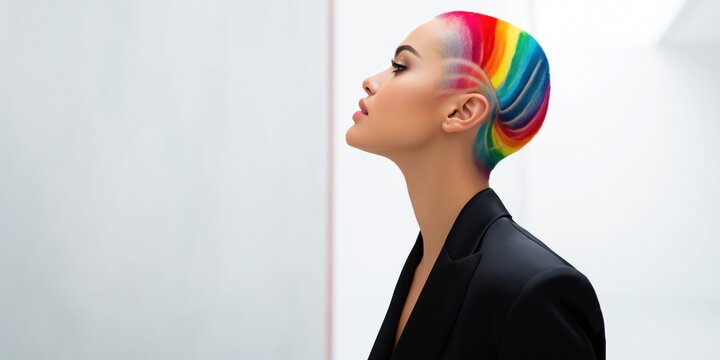 Woman with vibrant rainbow pattern shaved into her undercut hairstyle