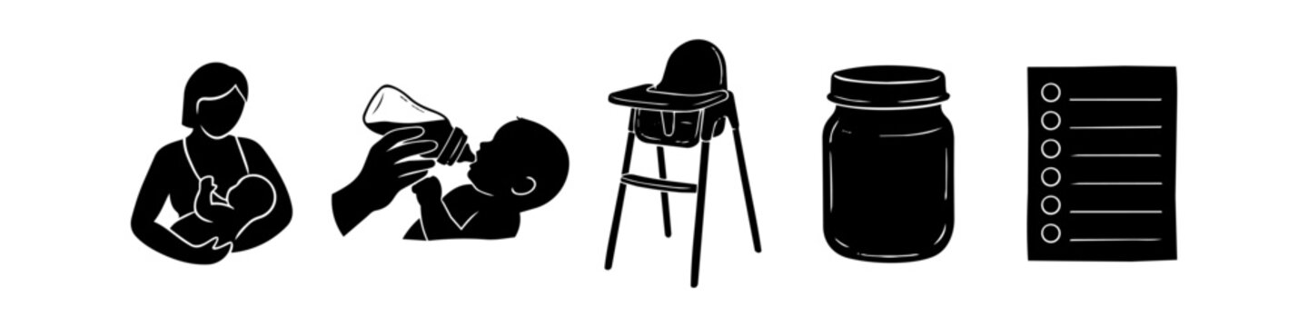 Set of minimalist black silhouette icons representing baby feeding and care, including breastfeeding, bottle feeding, a high chair, a food jar, and a daily routine checklist.